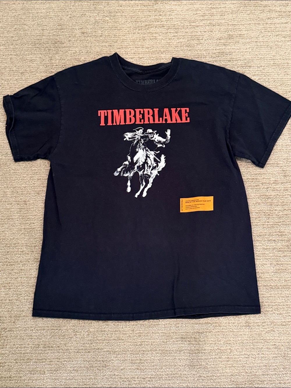 TIMBERLAKE “man in the woods tour” vintage Black Graphic Tee with Red Logo
